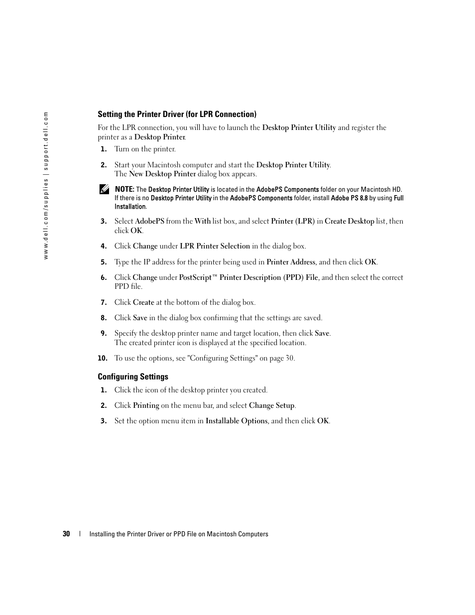 Setting the printer driver (for lpr connection), Configuring settings | Dell 5100cn Color Laser Printer User Manual | Page 30 / 98
