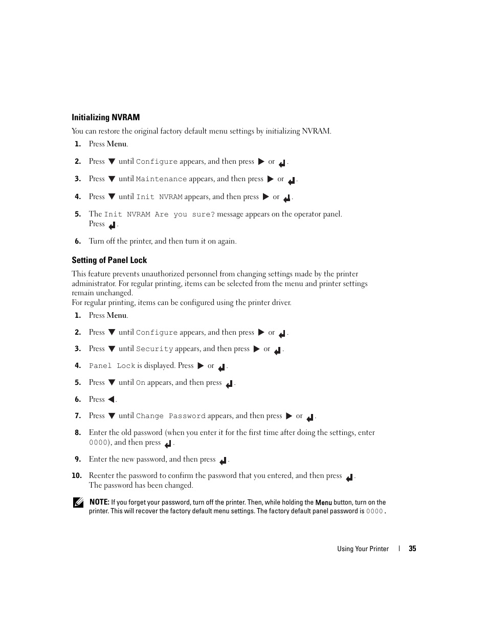 Initializing nvram, Setting of panel lock, Initializing nvram setting of panel lock | Dell 5100cn Color Laser Printer User Manual | Page 35 / 98