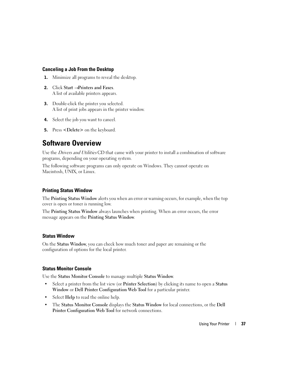Canceling a job from the desktop, Software overview, Printing status window | Status window, Status monitor console | Dell 5100cn Color Laser Printer User Manual | Page 37 / 98