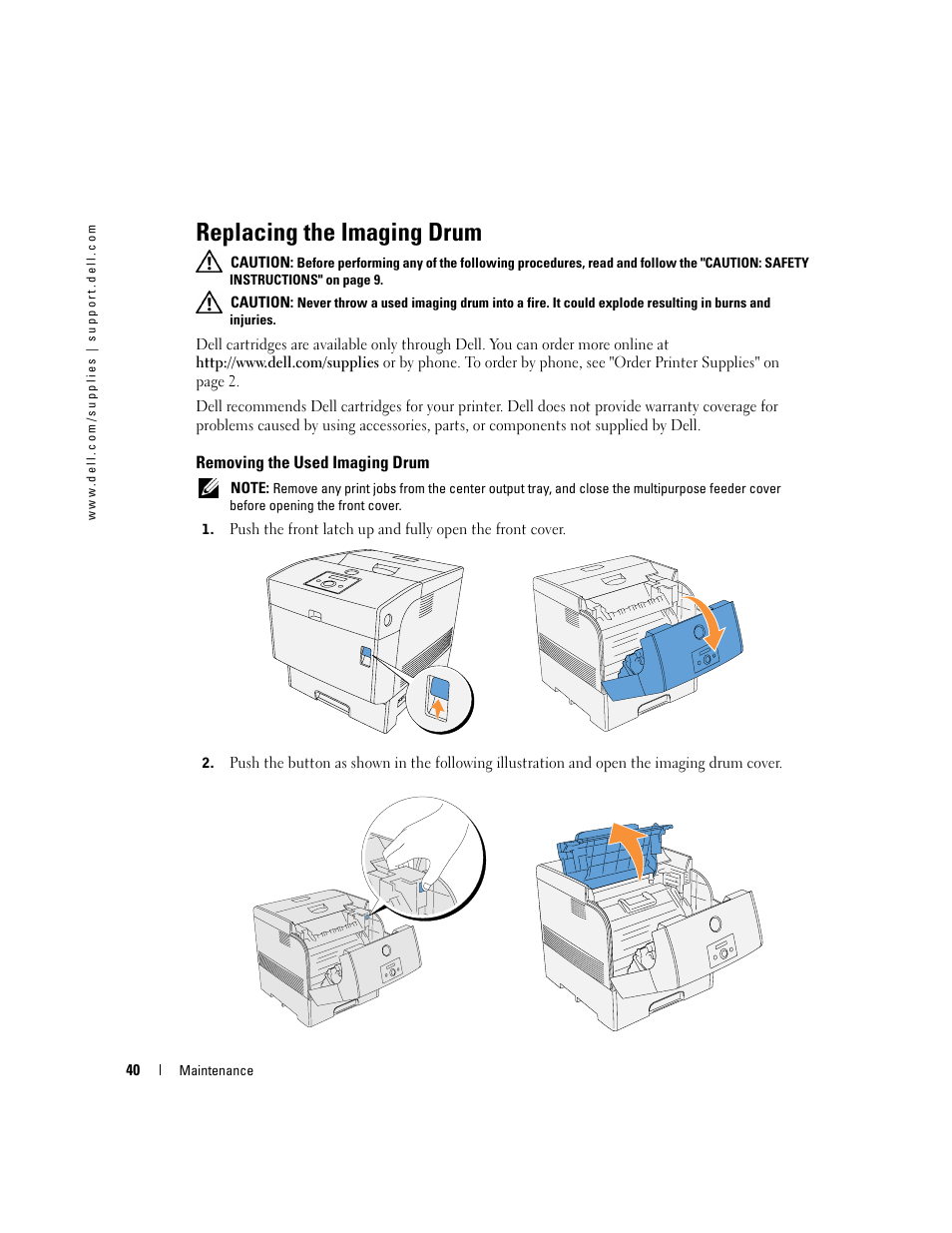 Replacing the imaging drum, Removing the used imaging drum | Dell 5100cn Color Laser Printer User Manual | Page 40 / 98