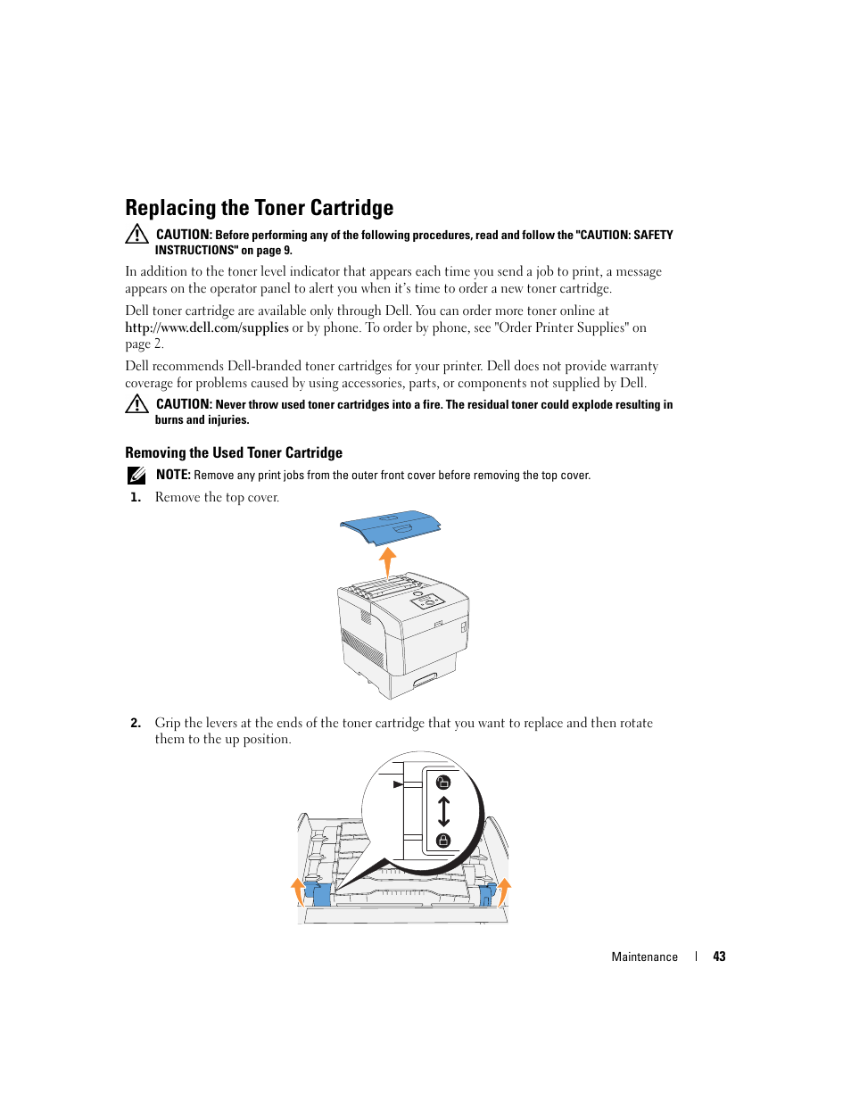 Replacing the toner cartridge, Removing the used toner cartridge | Dell 5100cn Color Laser Printer User Manual | Page 43 / 98