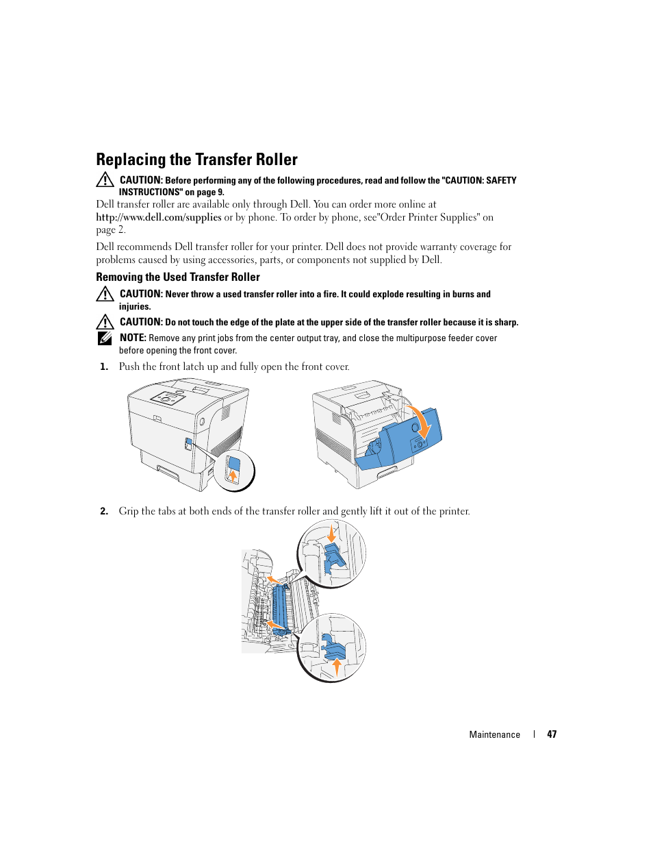 Replacing the transfer roller, Removing the used transfer roller | Dell 5100cn Color Laser Printer User Manual | Page 47 / 98