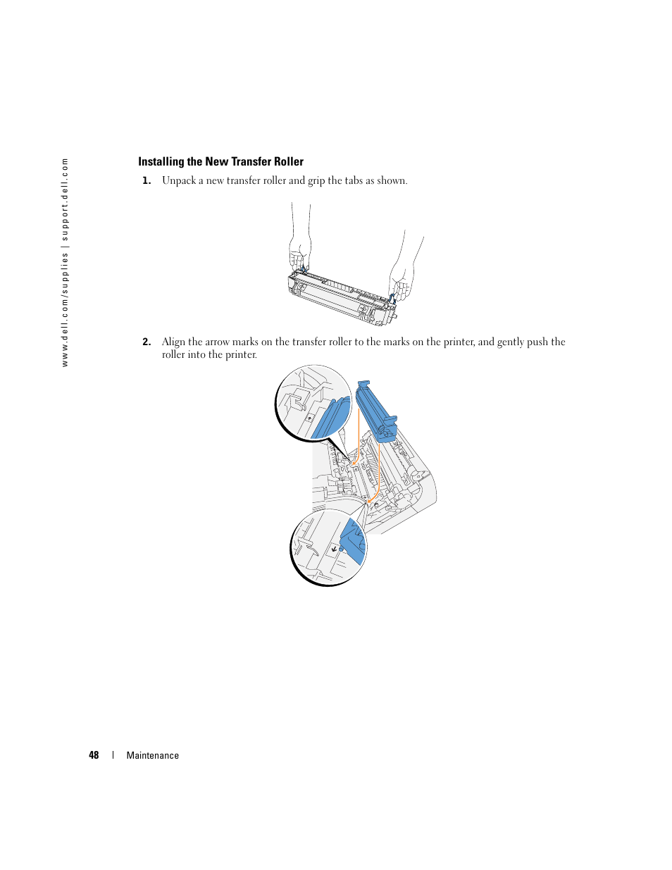 Installing the new transfer roller | Dell 5100cn Color Laser Printer User Manual | Page 48 / 98