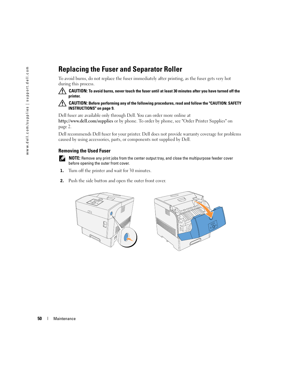 Replacing the fuser and separator roller, Removing the used fuser | Dell 5100cn Color Laser Printer User Manual | Page 50 / 98