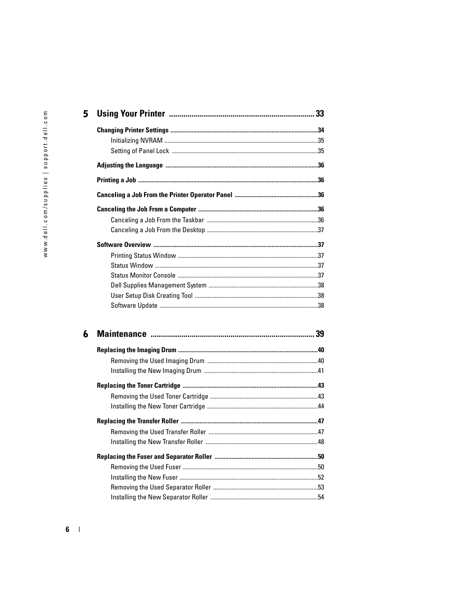 5 using your printer, 6 maintenance | Dell 5100cn Color Laser Printer User Manual | Page 6 / 98