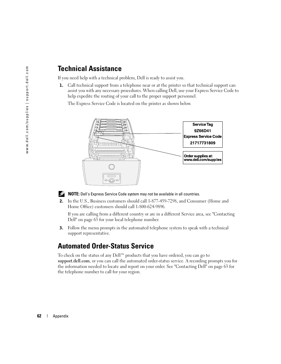 Technical assistance, Automated order-status service | Dell 5100cn Color Laser Printer User Manual | Page 62 / 98