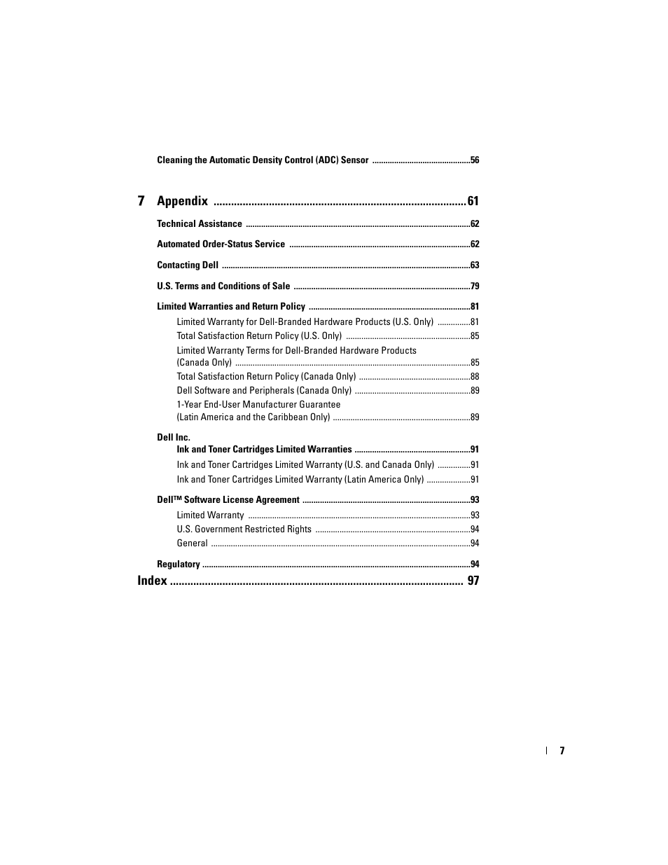 7 appendix, Index | Dell 5100cn Color Laser Printer User Manual | Page 7 / 98