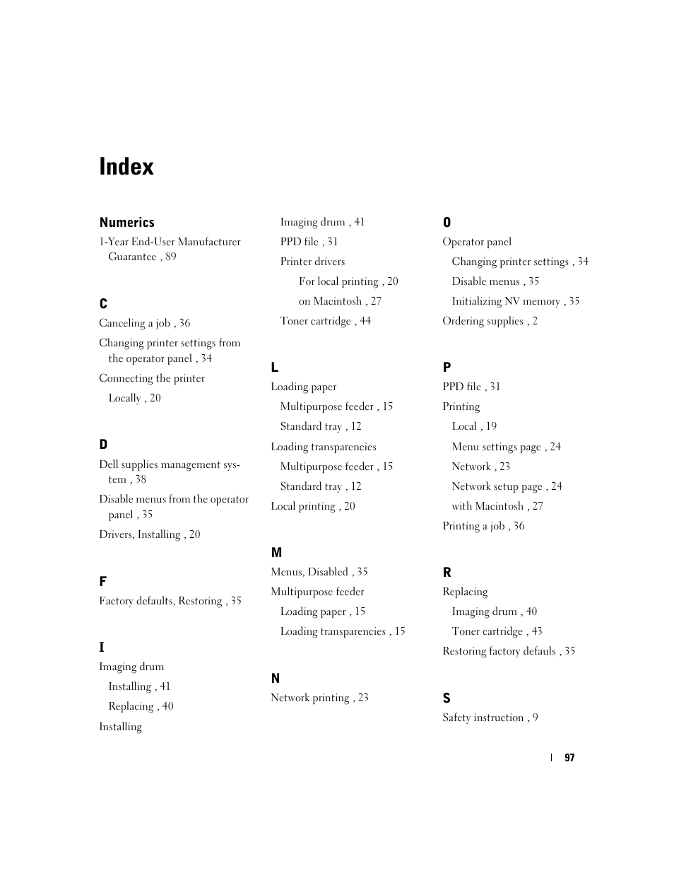 Index | Dell 5100cn Color Laser Printer User Manual | Page 97 / 98