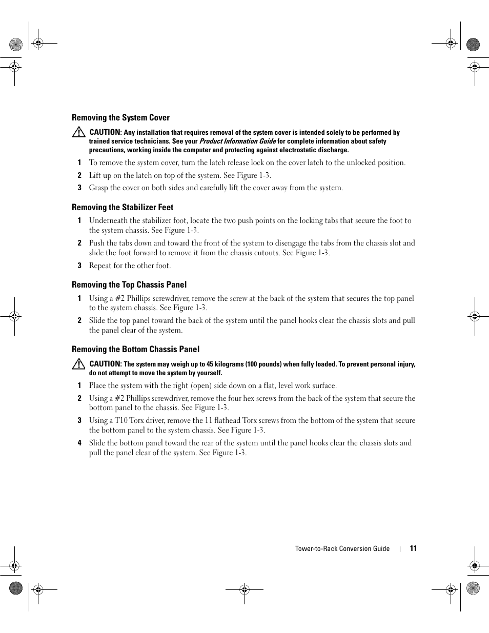 Removing the system cover, Removing the stabilizer feet, Removing the top chassis panel | Removing the bottom chassis panel | Dell PowerEdge 2900 User Manual | Page 13 / 26