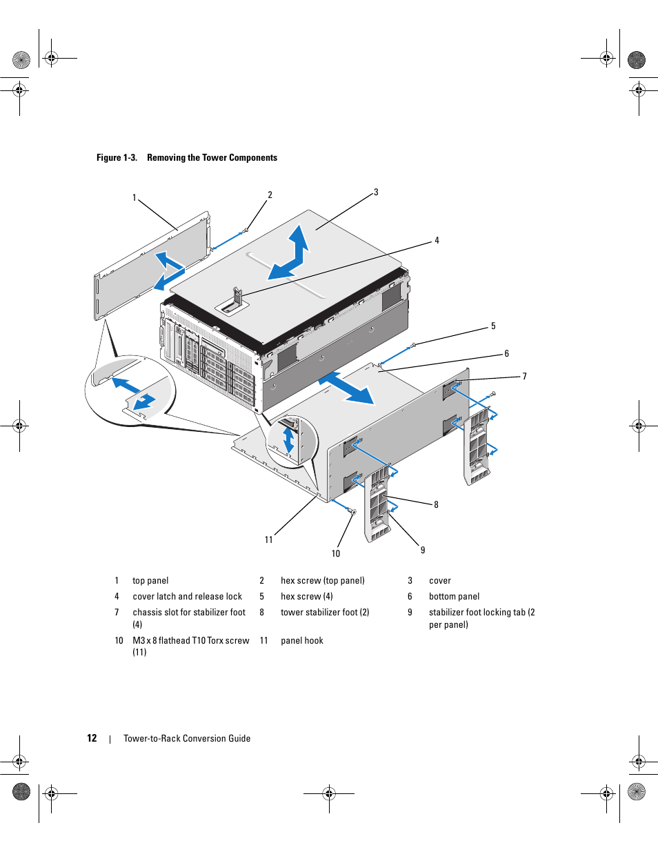 The system chassis. see figure 1-3, Om the chassis cutouts. see figure 1-3, To the system chassis. see figure 1-3 | Bottom panel to the chassis. see figure 1-3, Pull the panel clear of the system. see figure 1-3 | Dell PowerEdge 2900 User Manual | Page 14 / 26