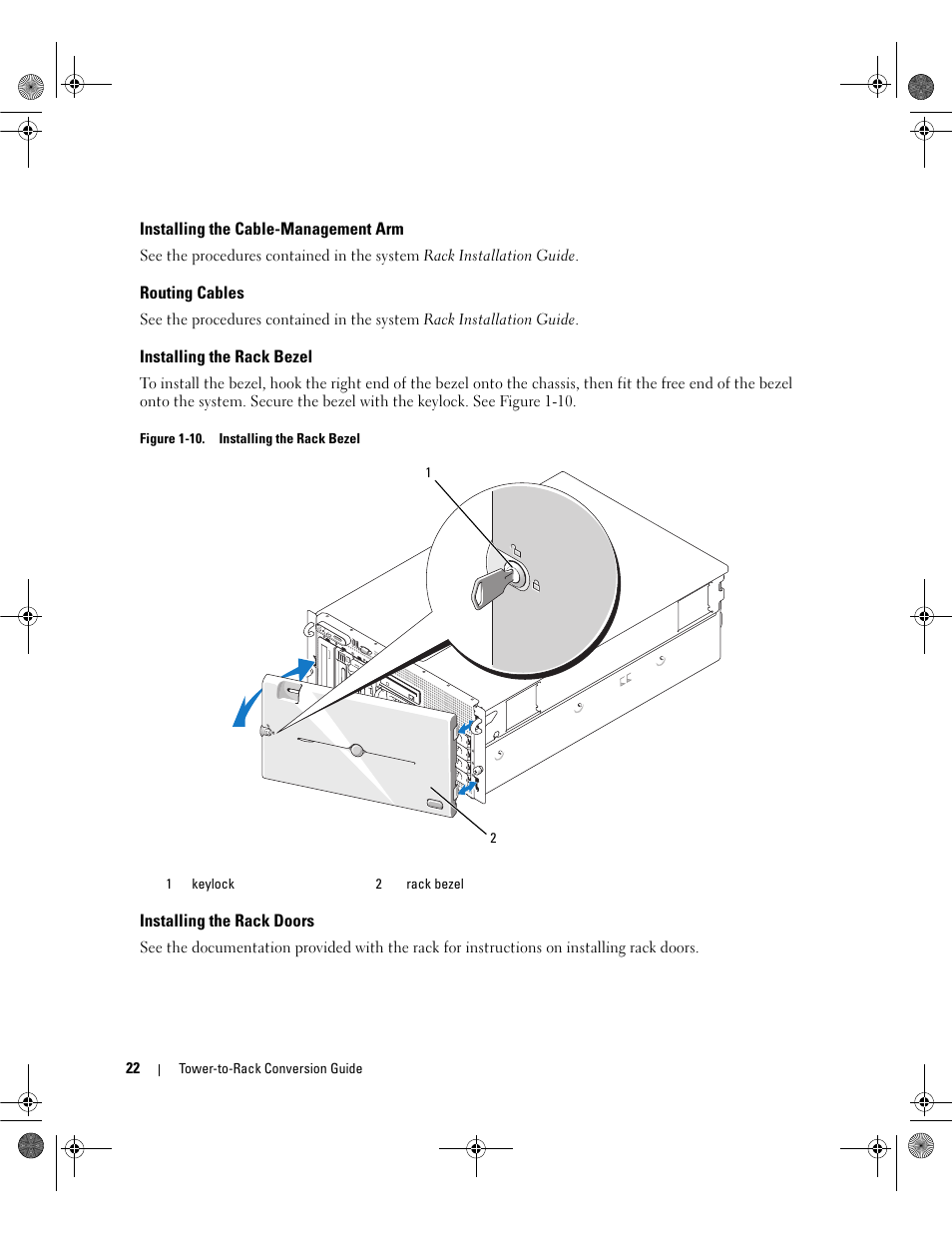 Installing the cable-management arm, Routing cables, Installing the rack bezel | Installing the rack doors | Dell PowerEdge 2900 User Manual | Page 24 / 26