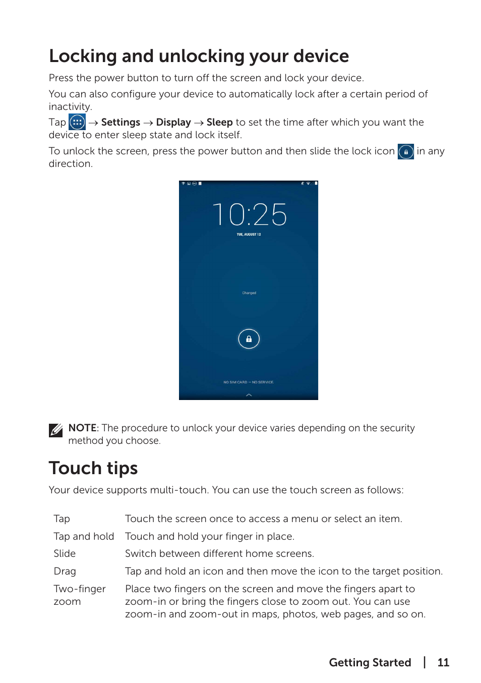 Locking and unlocking your device, Touch tips, Locking and unlocking your device touch tips | Dell Venue 7 (3741, Late 2014) User Manual | Page 11 / 30