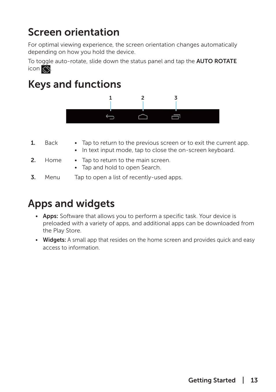 Screen orientation, Keys and functions, Apps and widgets | Dell Venue 7 (3741, Late 2014) User Manual | Page 13 / 30