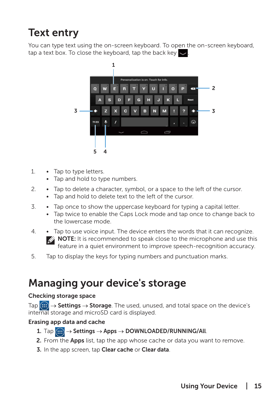 Text entry, Managing your device's storage, Text entry managing your device's storage | Dell Venue 7 (3741, Late 2014) User Manual | Page 15 / 30