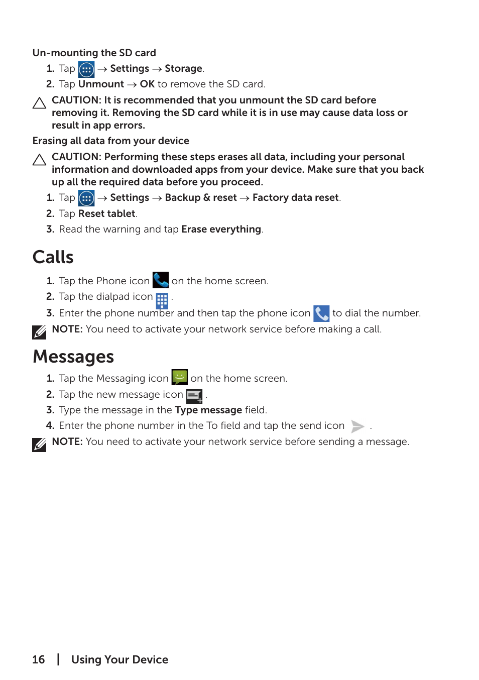 Calls, Messages, Calls messages | Dell Venue 7 (3741, Late 2014) User Manual | Page 16 / 30
