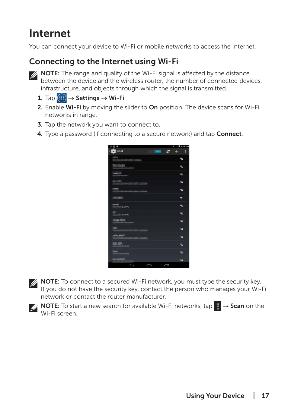 Internet, Connecting to the internet using wi-fi | Dell Venue 7 (3741, Late 2014) User Manual | Page 17 / 30