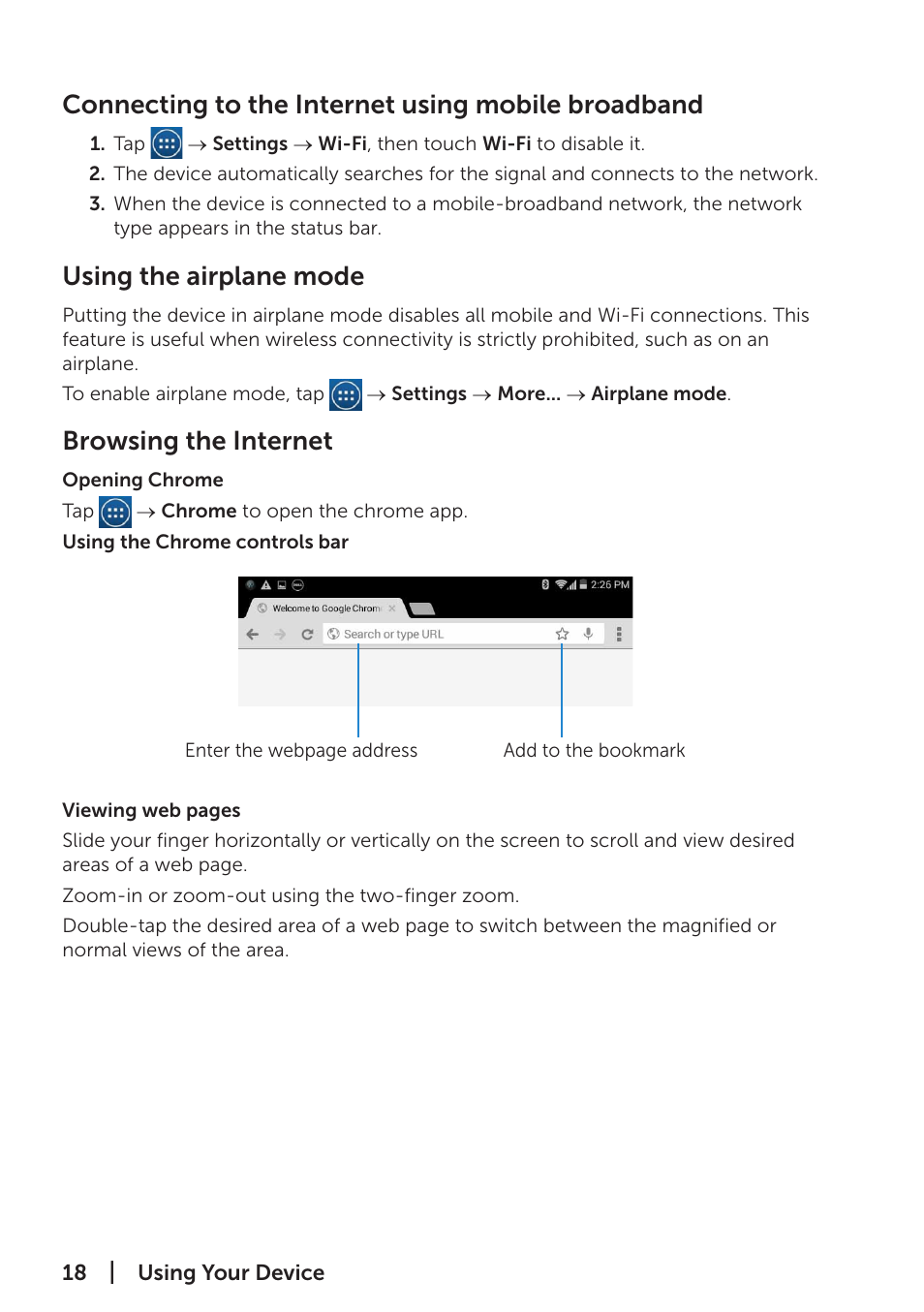 Connecting to the internet using mobile broadband, Using the airplane mode, Browsing the internet | Dell Venue 7 (3741, Late 2014) User Manual | Page 18 / 30