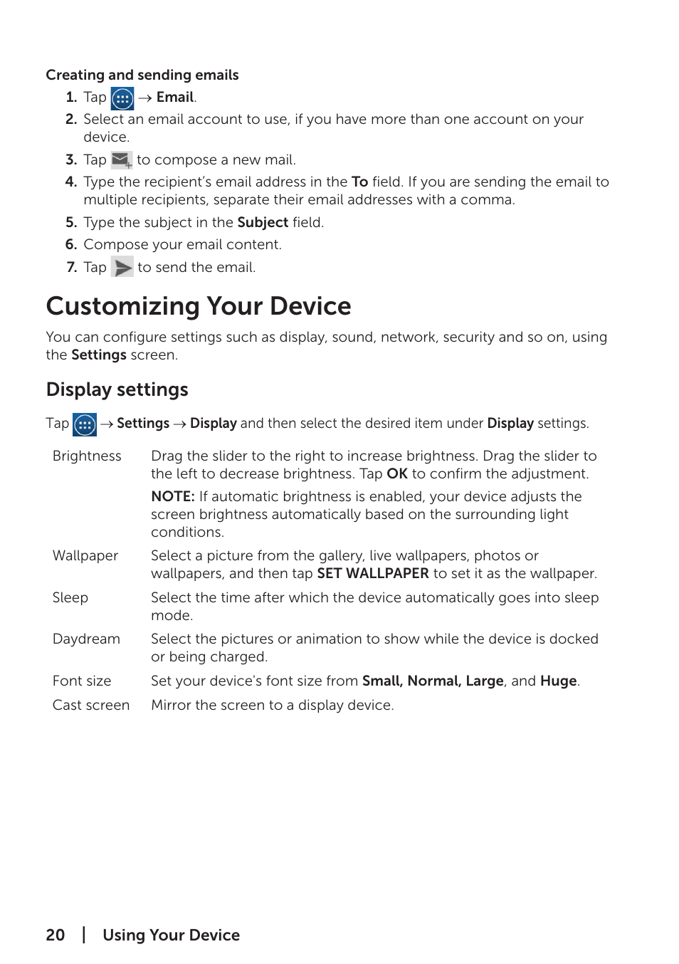Customizing your device, Display settings | Dell Venue 7 (3741, Late 2014) User Manual | Page 20 / 30