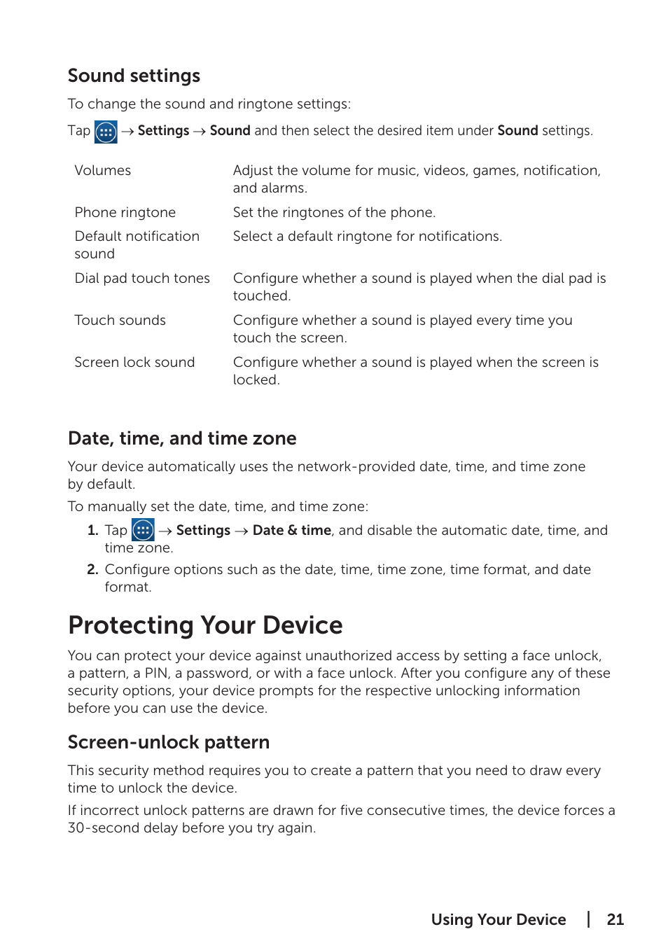 Protecting your device, Sound settings, Date, time, and time zone | Screen-unlock pattern | Dell Venue 7 (3741, Late 2014) User Manual | Page 21 / 30