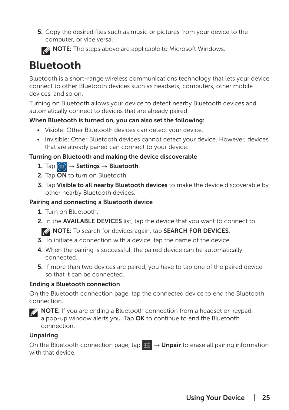 Bluetooth | Dell Venue 7 (3741, Late 2014) User Manual | Page 25 / 30