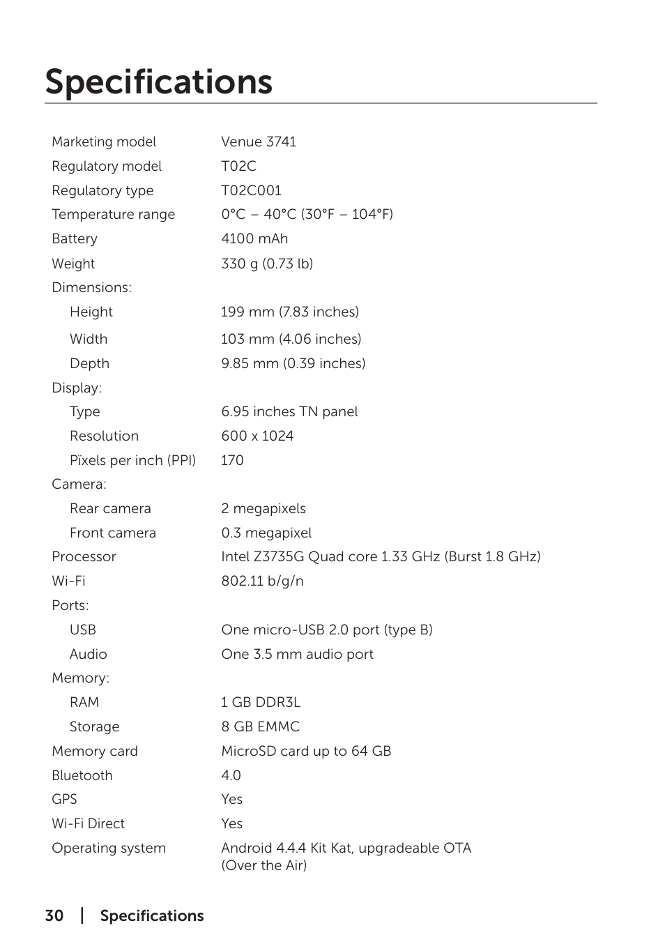 Specifications | Dell Venue 7 (3741, Late 2014) User Manual | Page 30 / 30