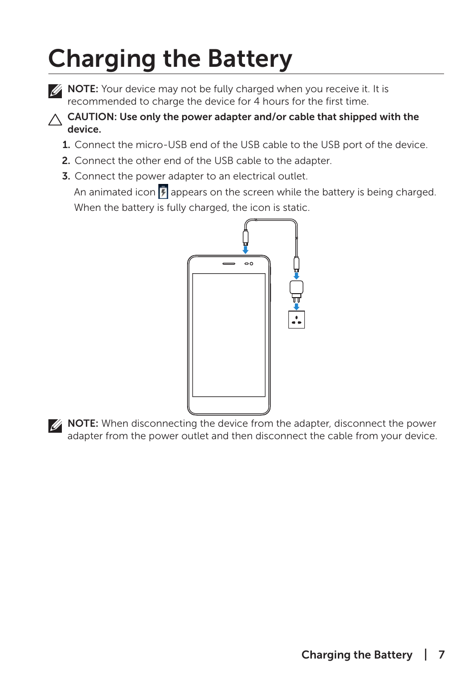 Charging the battery | Dell Venue 7 (3741, Late 2014) User Manual | Page 7 / 30