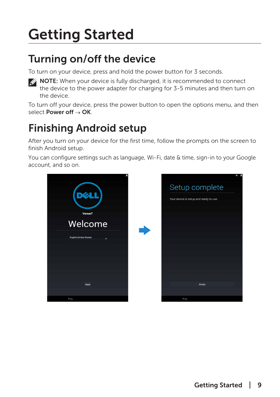 Getting started, Turning on/off the device, Finishing android setup | Turning on/off the device finishing android setup | Dell Venue 7 (3741, Late 2014) User Manual | Page 9 / 30