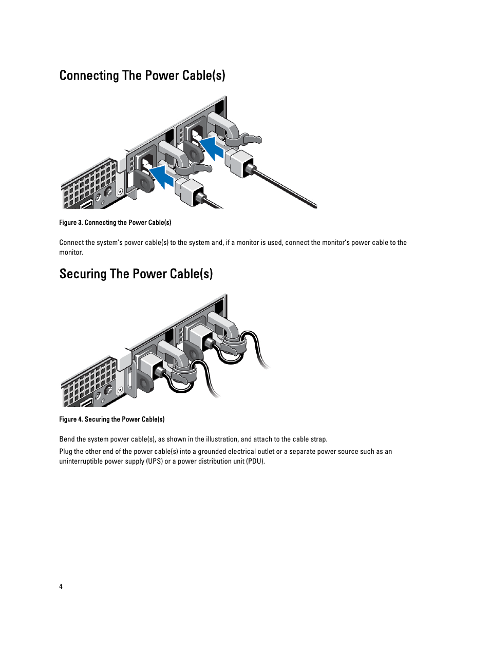 Connecting the power cable(s), Securing the power cable(s) | Dell PowerVault DX6104 User Manual | Page 4 / 9
