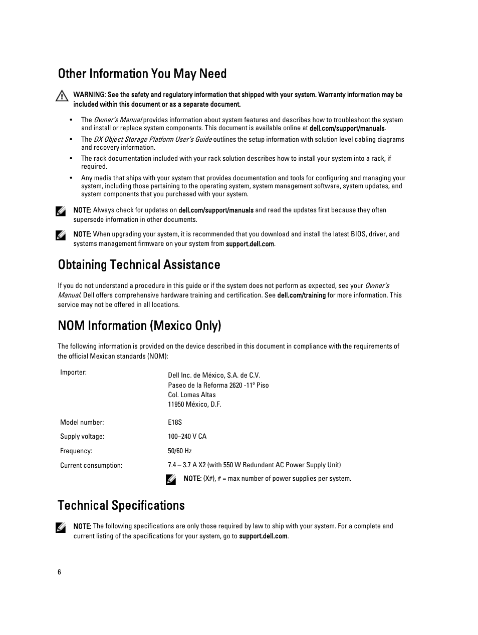 Other information you may need, Obtaining technical assistance, Nom information (mexico only) | Technical specifications | Dell PowerVault DX6104 User Manual | Page 6 / 9