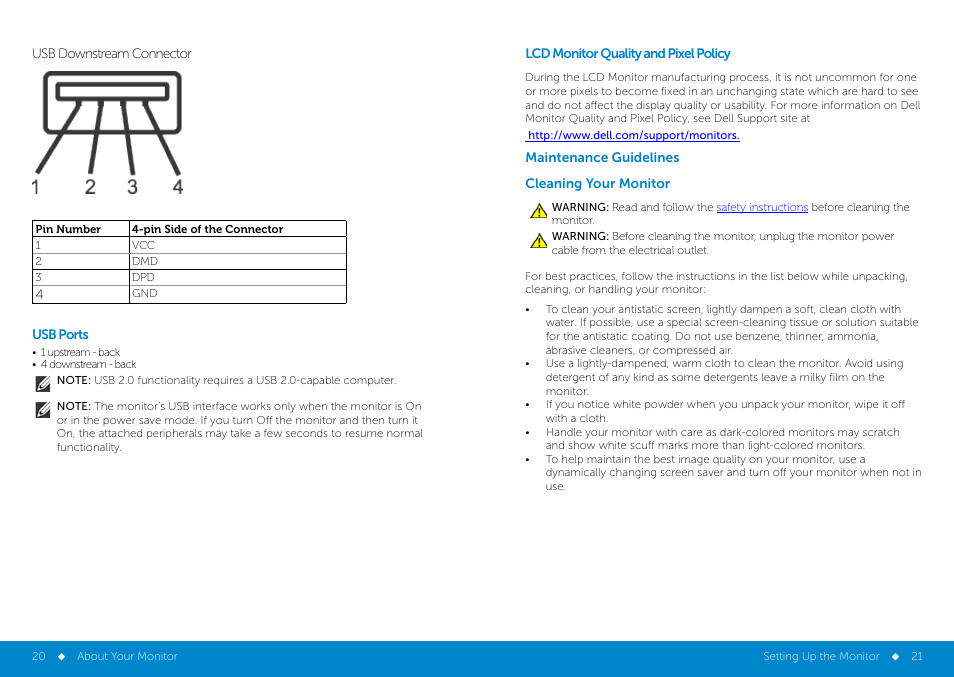 Qualityandpixelpolicy, Maintenance, Cleaning | Cleaning your monitor, Setting up the monitor | Dell P2014H Monitor User Manual | Page 11 / 38