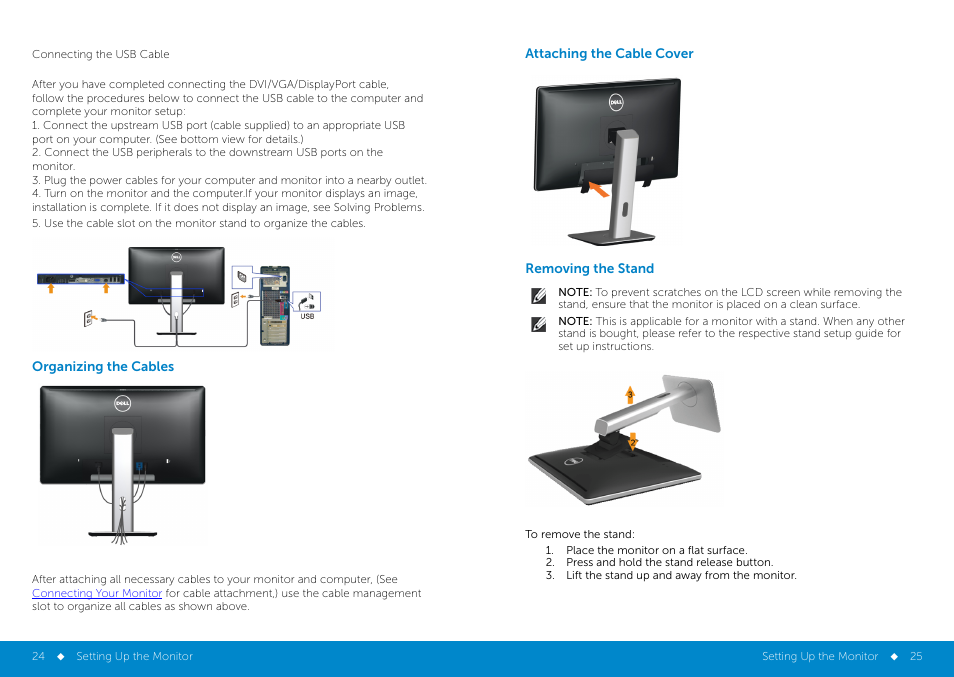 Organizing_your_cables, Removing_the_stand, Wall_mounting_(optional) | Organizing the cables, Attaching the cable cover, Removing the stand | Dell P2014H Monitor User Manual | Page 13 / 38