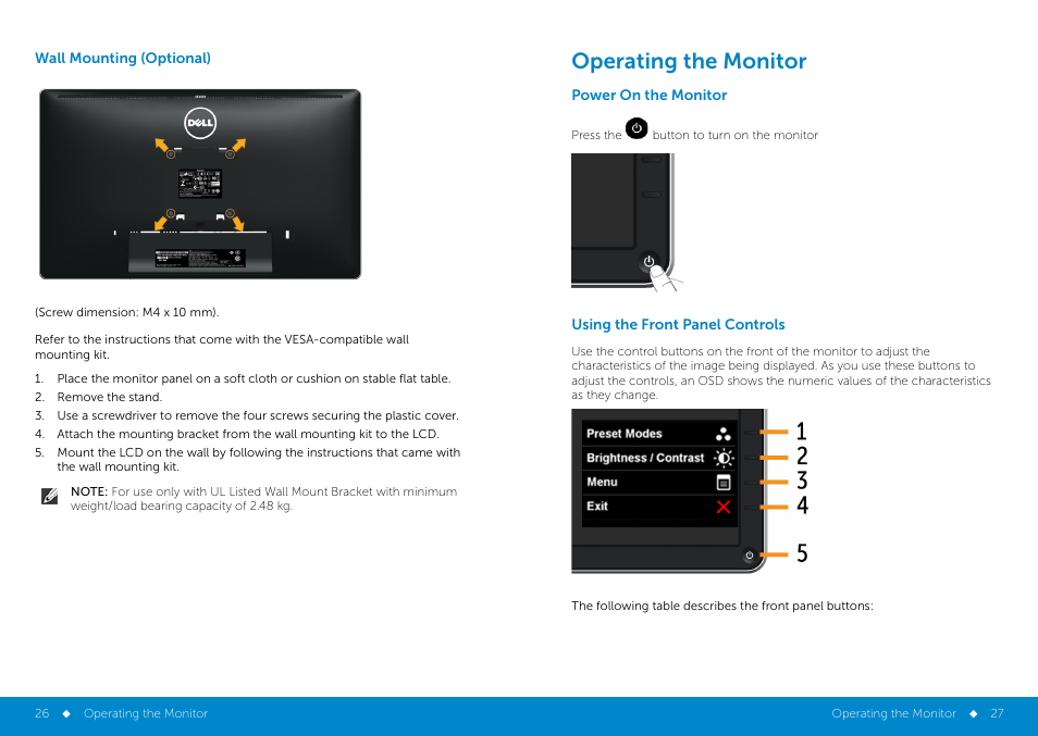 Using_the_front_panel, Wall mounting(optional), Operating the monitor | Power on the monitor, Using the front panel controls | Dell P2014H Monitor User Manual | Page 14 / 38