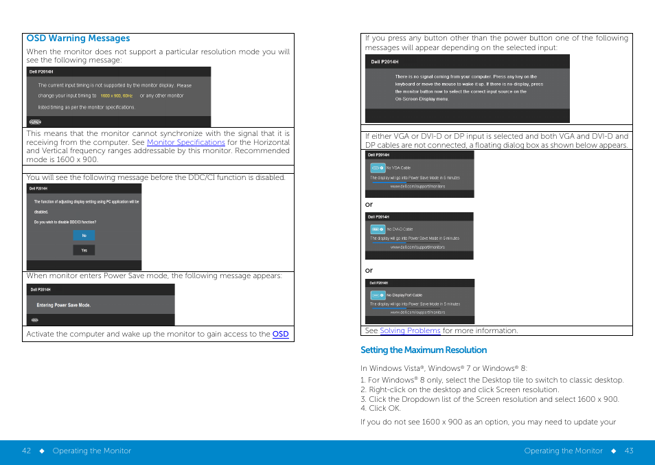 Warning, Setting_the_optimal_resolution, Osd warning messages | Setting the maximum resolution | Dell P2014H Monitor User Manual | Page 22 / 38