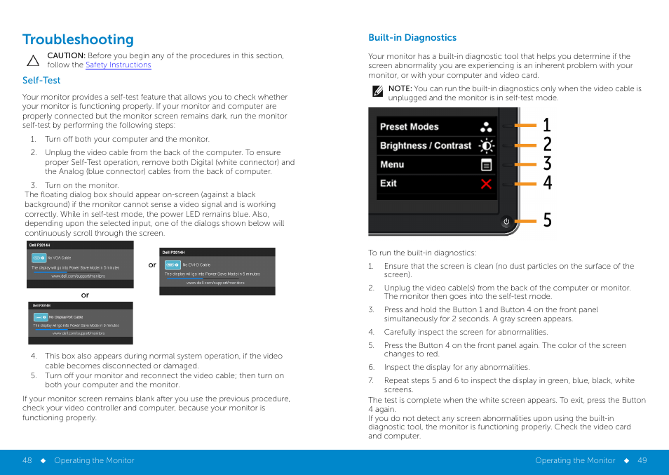 Solving_problems, Self-test, Solving problems | Troubleshooting | Dell P2014H Monitor User Manual | Page 25 / 38