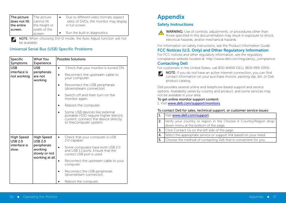 Soundbar_(optional)_troubleshooting, Fcc_notice, Contacting_dell0 | Contacting_dell2, Appendix | Dell P2014H Monitor User Manual | Page 29 / 38