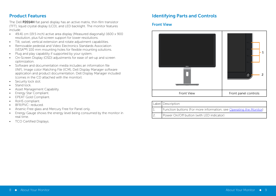 Identifying, Identifying parts and controls, Front view | Product features identifying parts and controls | Dell P2014H Monitor User Manual | Page 5 / 38