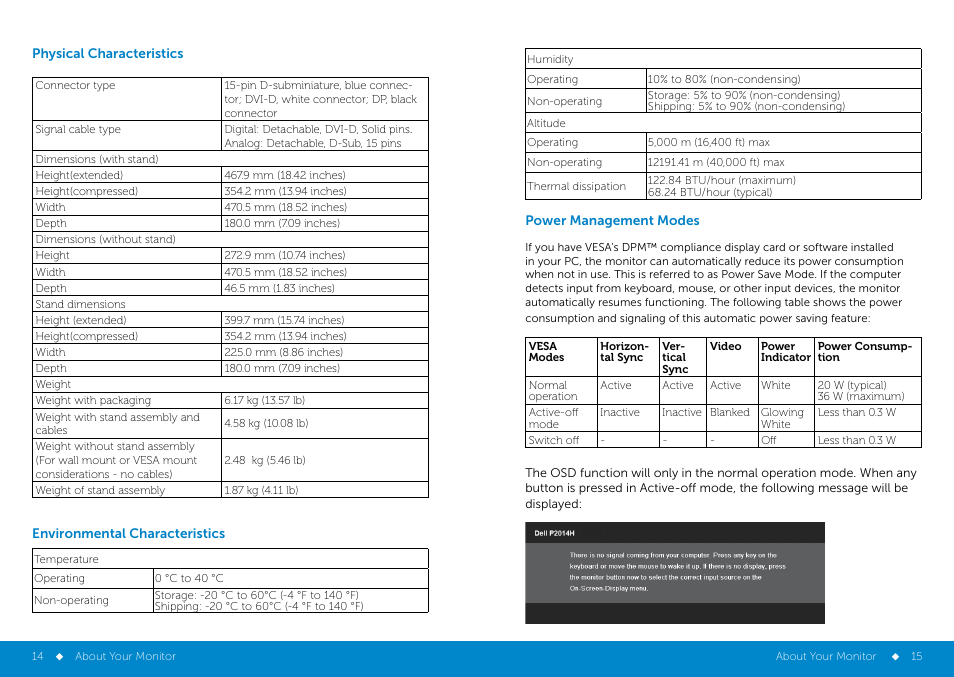 Physical1, Environmental1, Power | Dell P2014H Monitor User Manual | Page 8 / 38