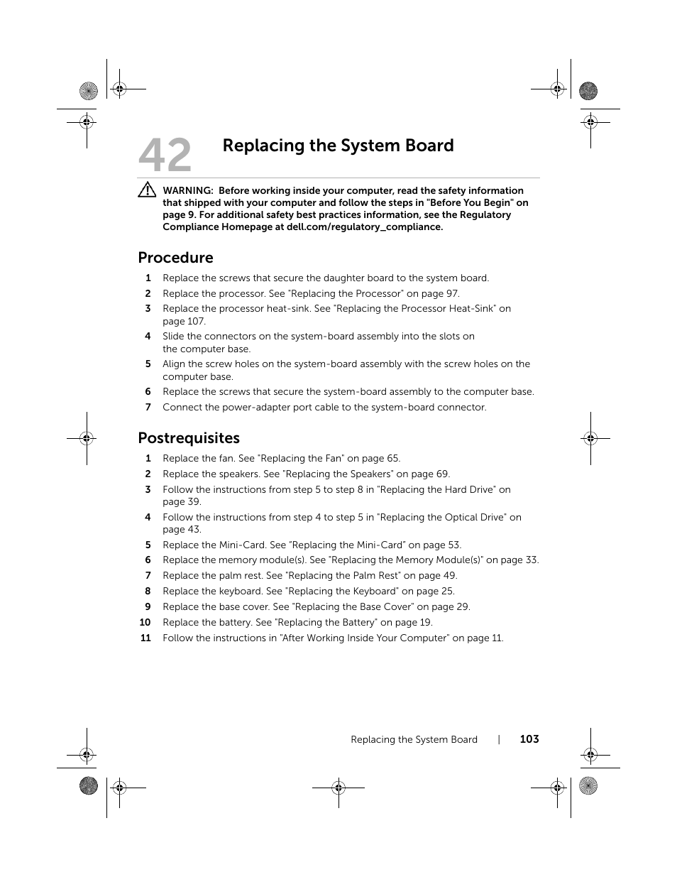 Replacing the system board, Procedure, Postrequisites | Dell Inspiron 14R (5420, Mid 2012) User Manual | Page 103 / 110