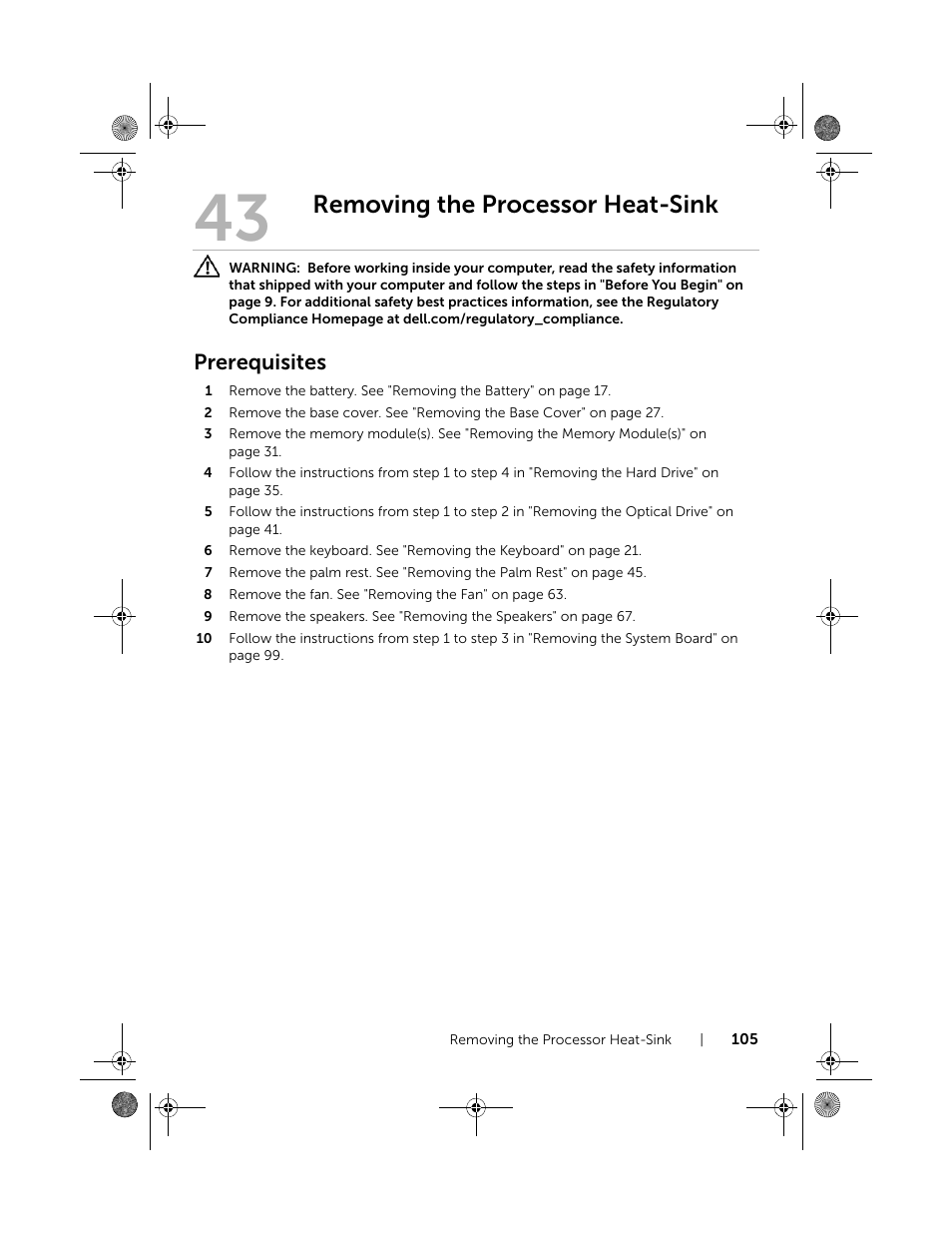 Removing the processor heat-sink, Prerequisites | Dell Inspiron 14R (5420, Mid 2012) User Manual | Page 105 / 110