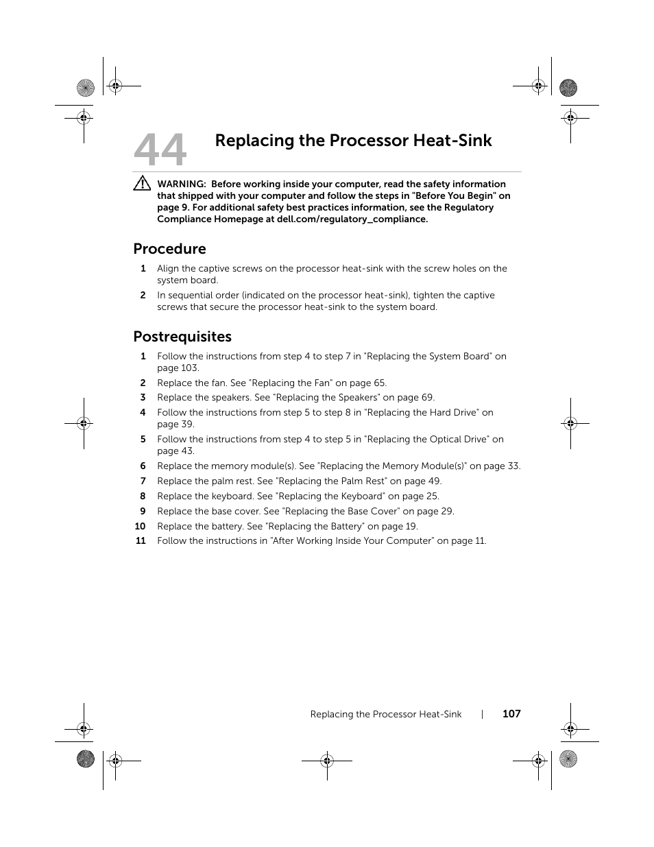 Replacing the processor heat-sink, Procedure, Postrequisites | Dell Inspiron 14R (5420, Mid 2012) User Manual | Page 107 / 110