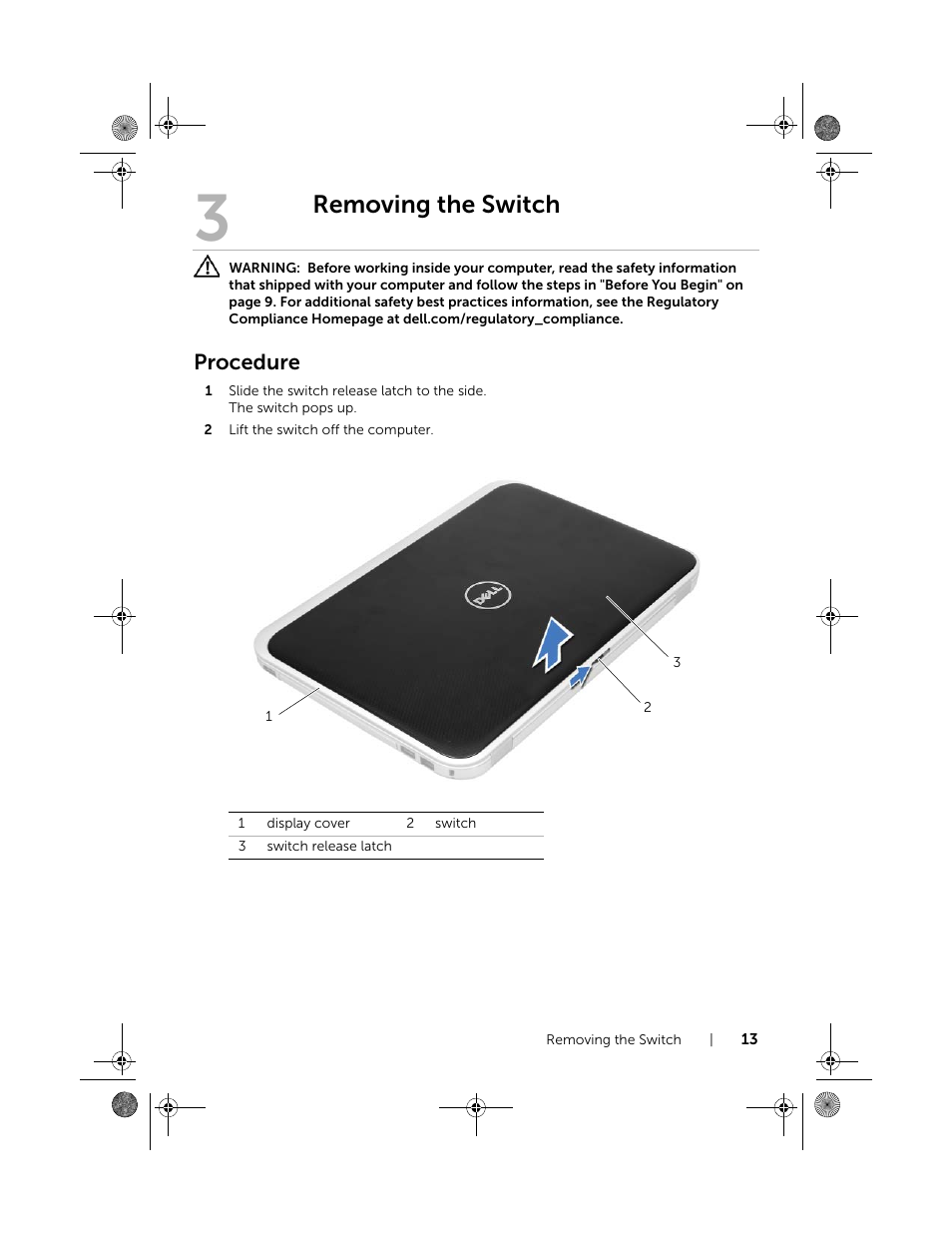 Removing the switch, Procedure | Dell Inspiron 14R (5420, Mid 2012) User Manual | Page 13 / 110
