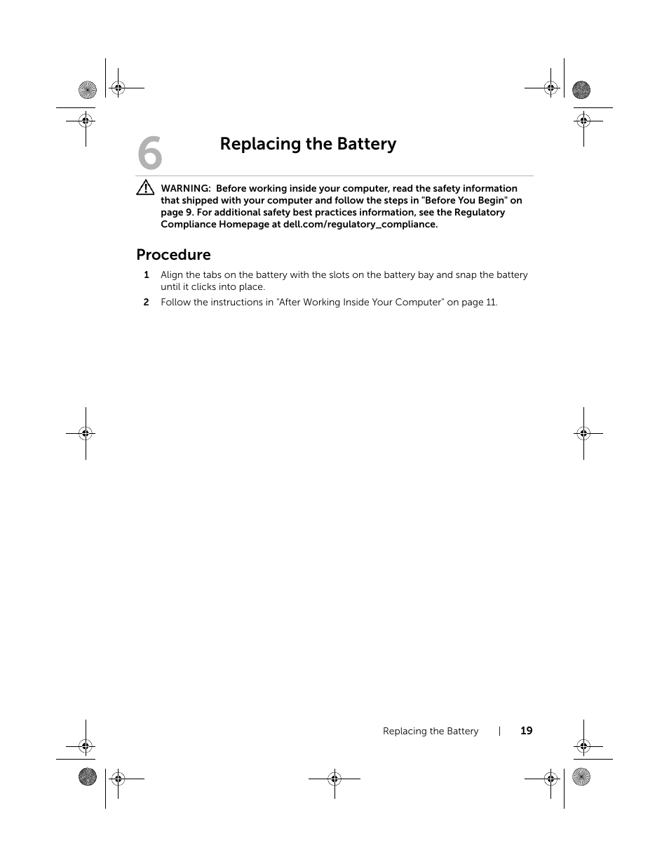 Replacing the battery, Procedure | Dell Inspiron 14R (5420, Mid 2012) User Manual | Page 19 / 110