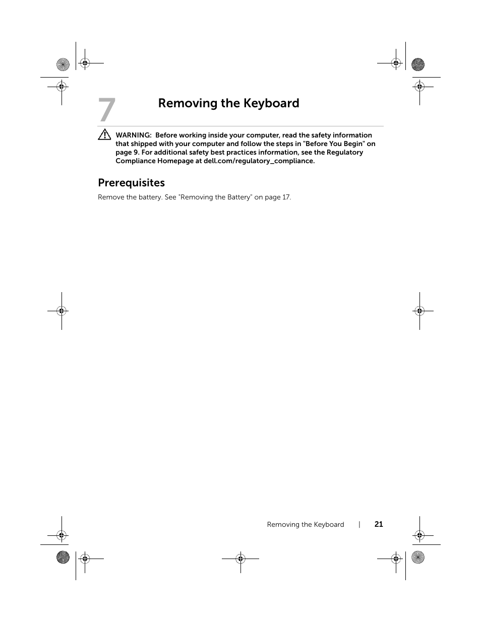 Removing the keyboard, Prerequisites | Dell Inspiron 14R (5420, Mid 2012) User Manual | Page 21 / 110