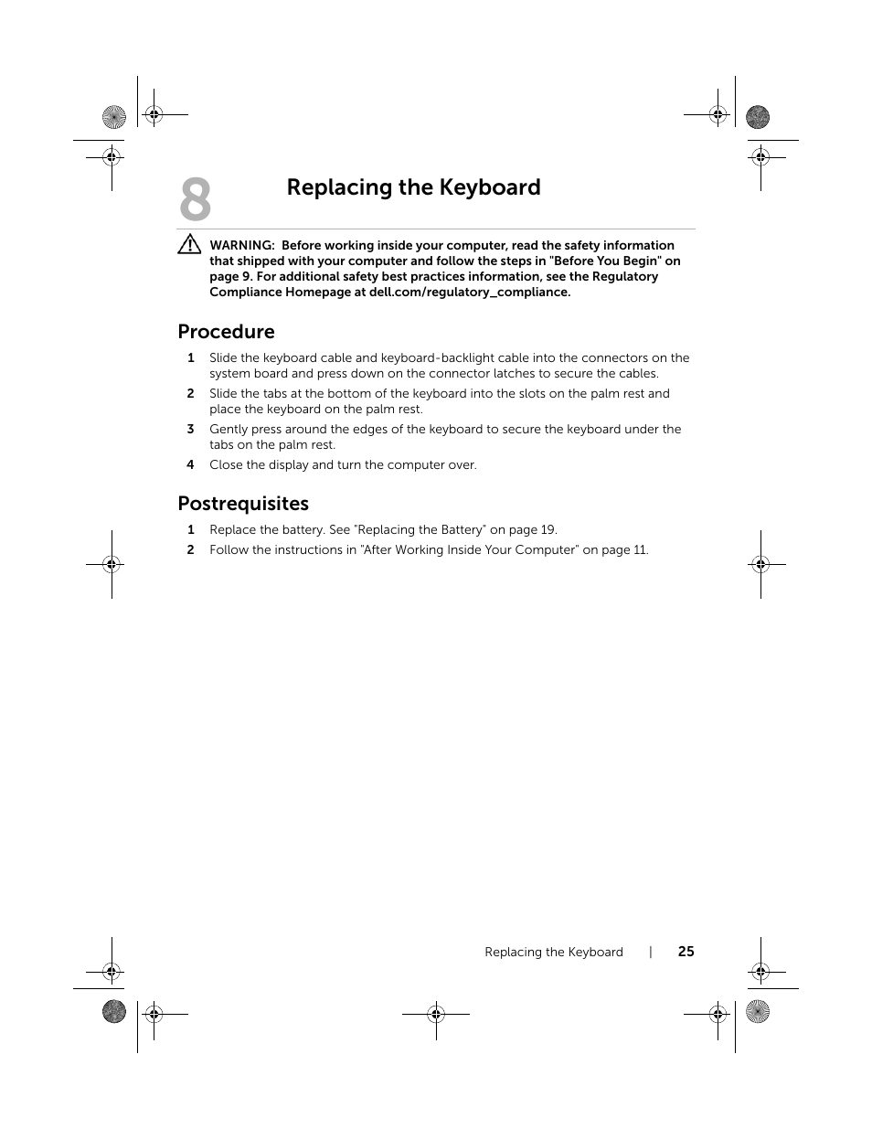 Replacing the keyboard, Procedure, Postrequisites | Dell Inspiron 14R (5420, Mid 2012) User Manual | Page 25 / 110