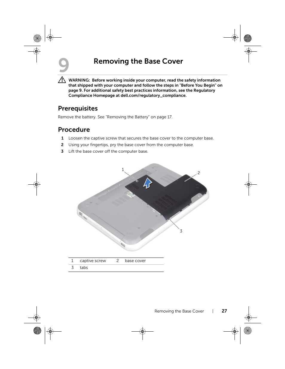 Removing the base cover, Prerequisites, Procedure | Dell Inspiron 14R (5420, Mid 2012) User Manual | Page 27 / 110