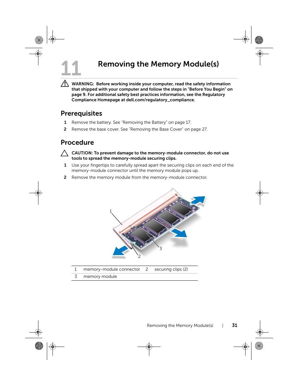 Removing the memory module(s), Prerequisites, Procedure | Dell Inspiron 14R (5420, Mid 2012) User Manual | Page 31 / 110