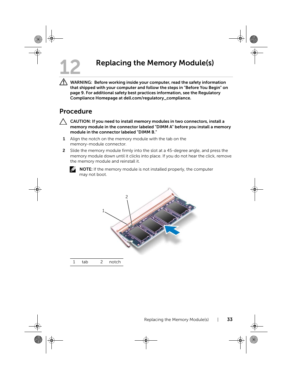 Replacing the memory module(s), Procedure | Dell Inspiron 14R (5420, Mid 2012) User Manual | Page 33 / 110