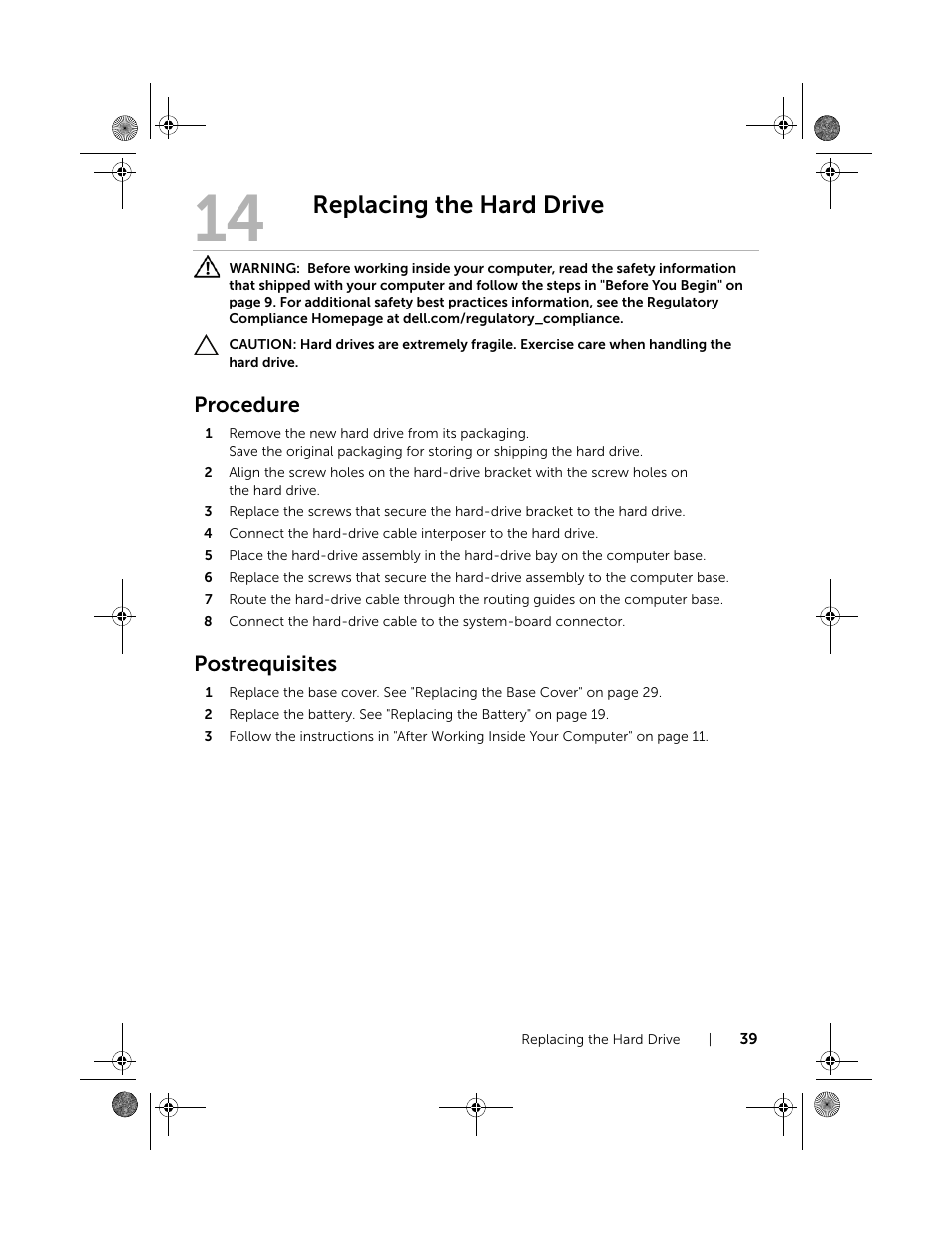 Replacing the hard drive, Procedure, Postrequisites | Dell Inspiron 14R (5420, Mid 2012) User Manual | Page 39 / 110