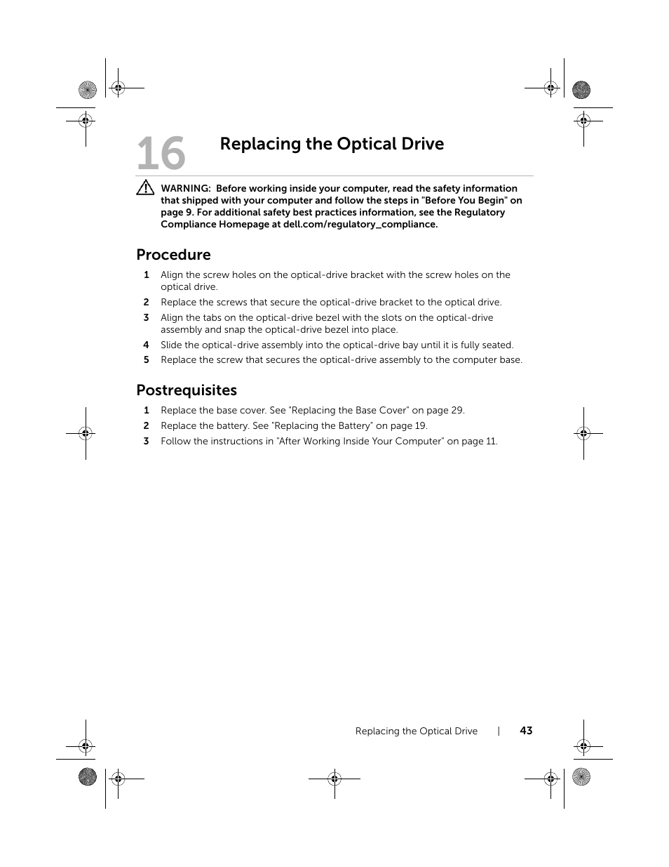 Replacing the optical drive, Procedure, Postrequisites | Dell Inspiron 14R (5420, Mid 2012) User Manual | Page 43 / 110