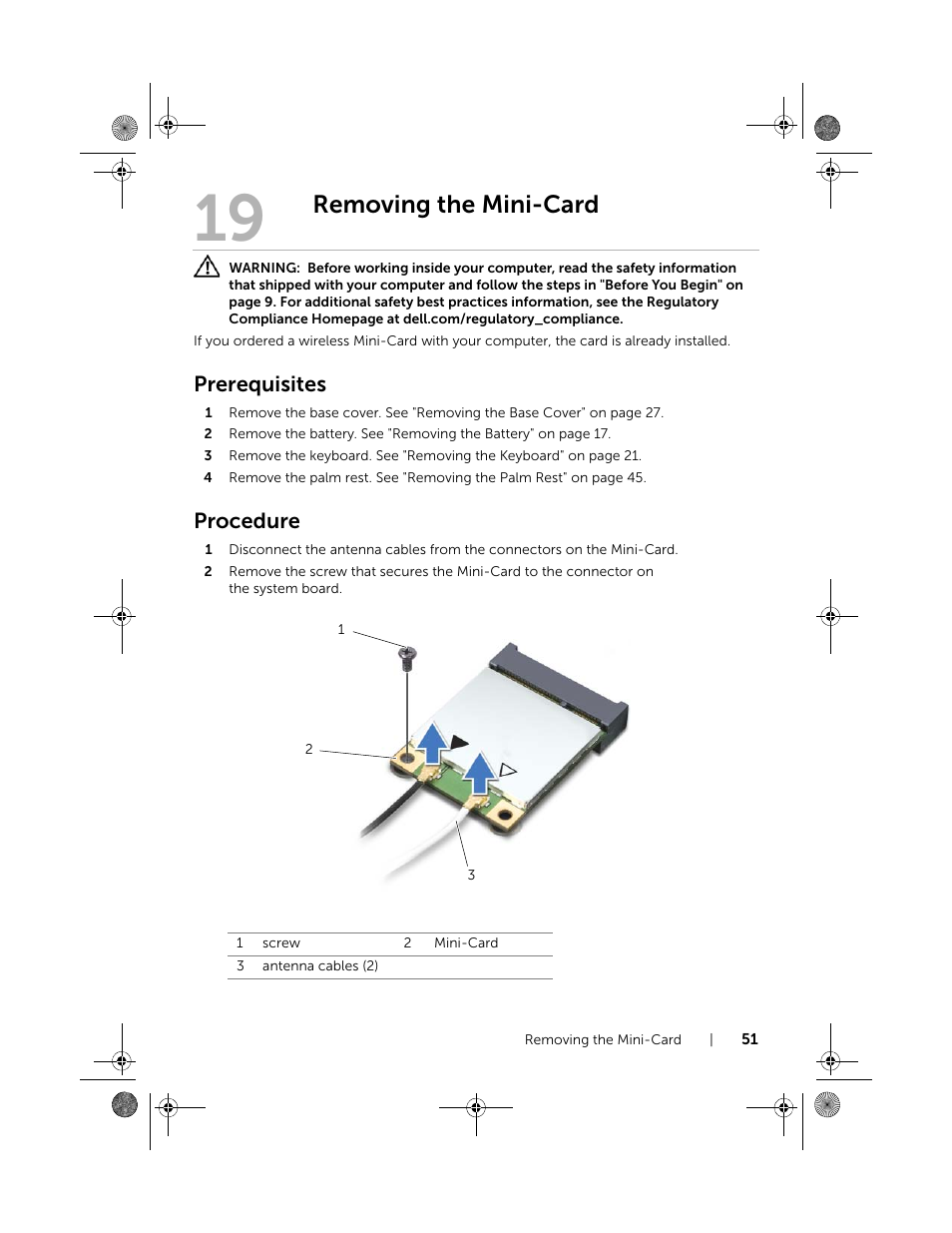 Removing the mini-card, Prerequisites, Procedure | Dell Inspiron 14R (5420, Mid 2012) User Manual | Page 51 / 110